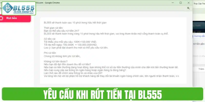 Yêu cầu khi rút tiền tại BL555
